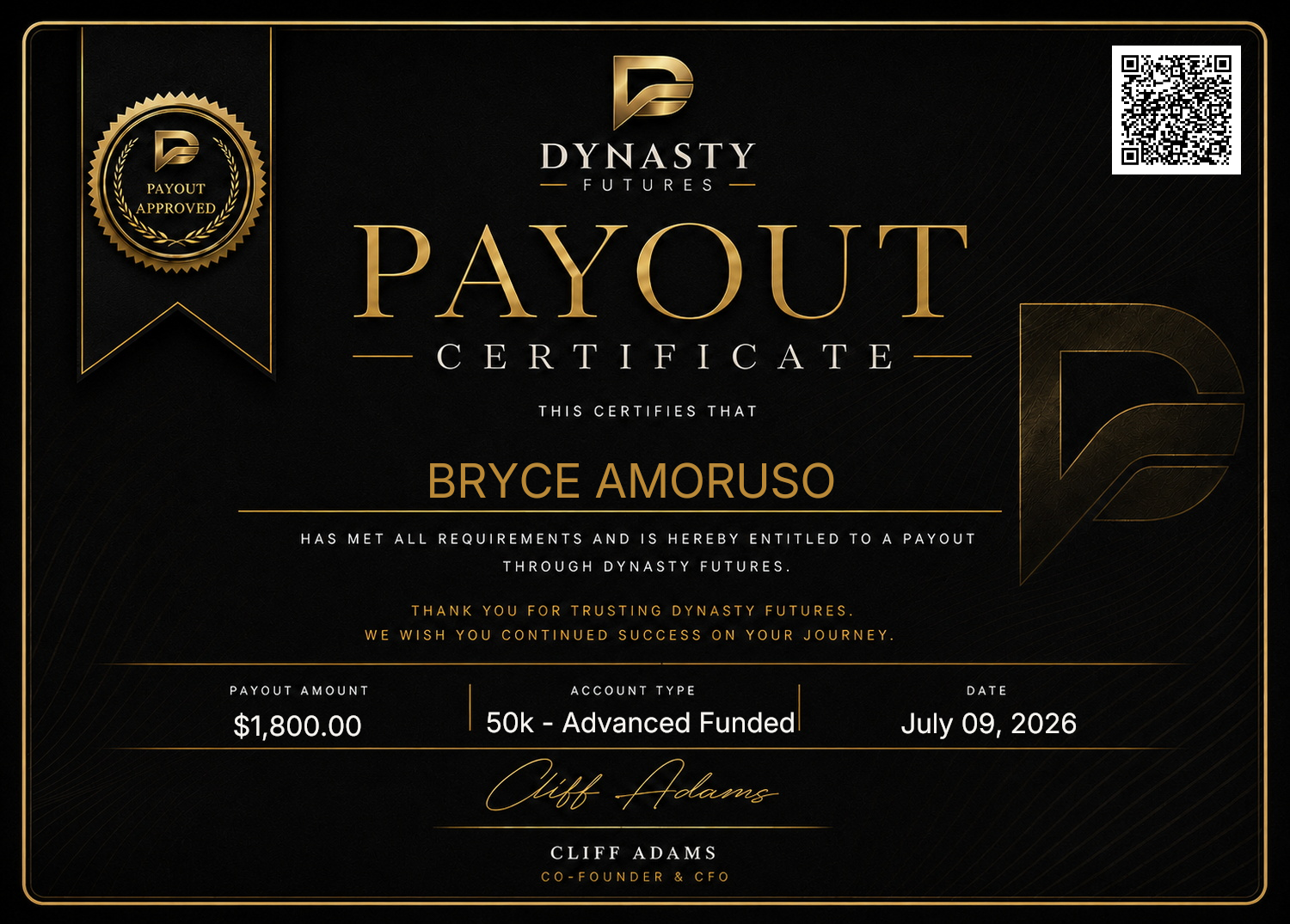 Dynasty Futures Payout Certificate – Bryce Amoruso